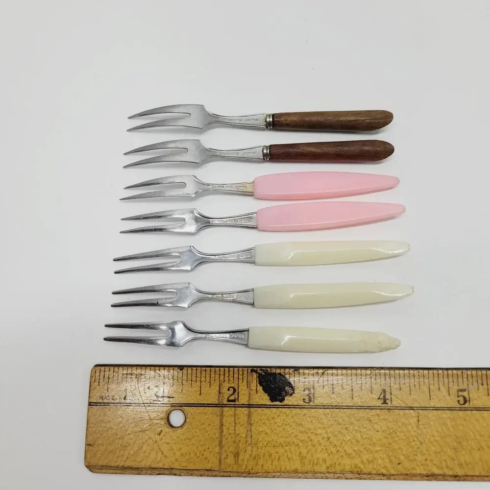 7 Vintage Mini Cocktail Appetizer Forks Stainless Wood Plastic 4